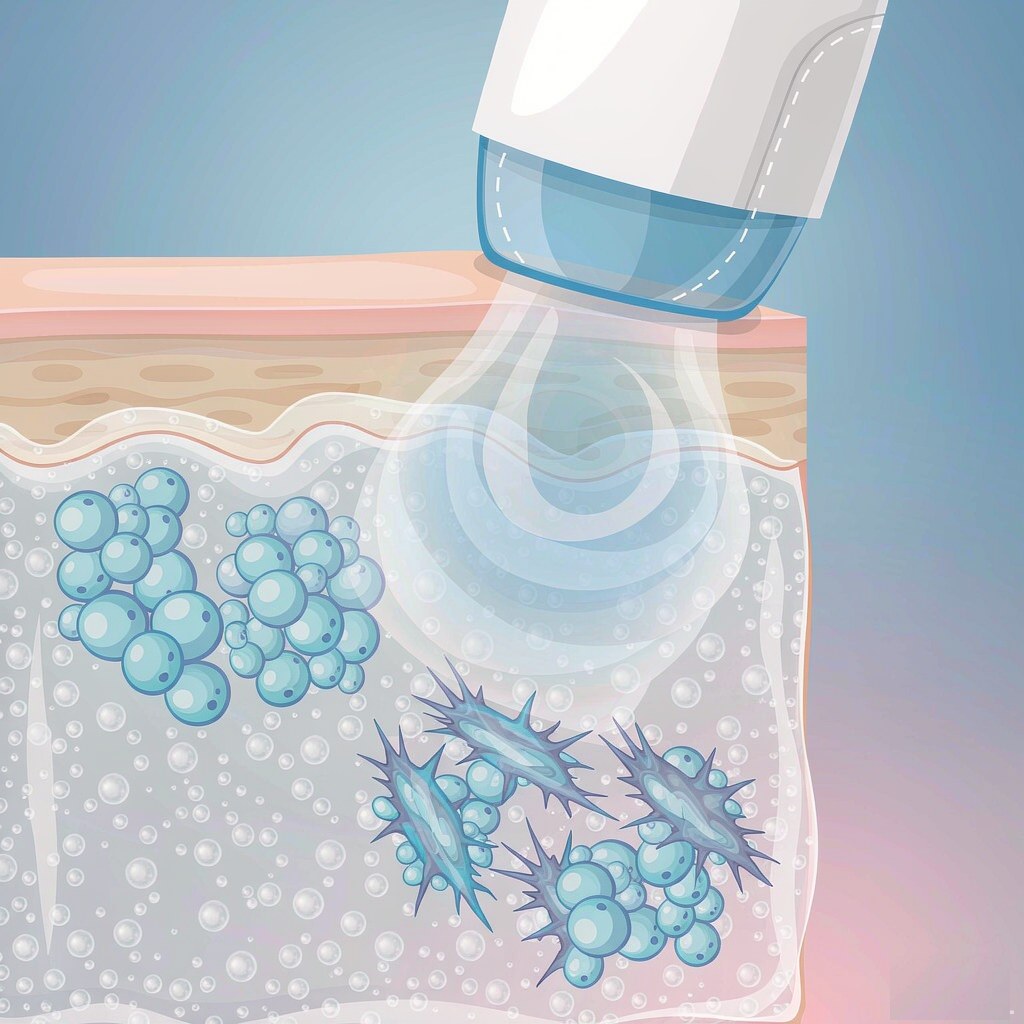 Diagram of a cryotherapy applicator cooling subcutaneous fat cells under the skin